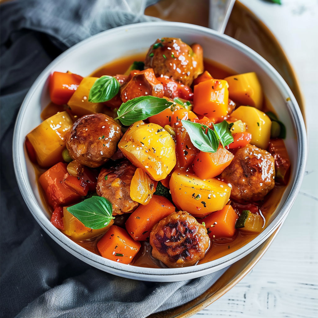 Un grand bol chaleureux de légumes, carottes, oignons, boulettes et saucisses.