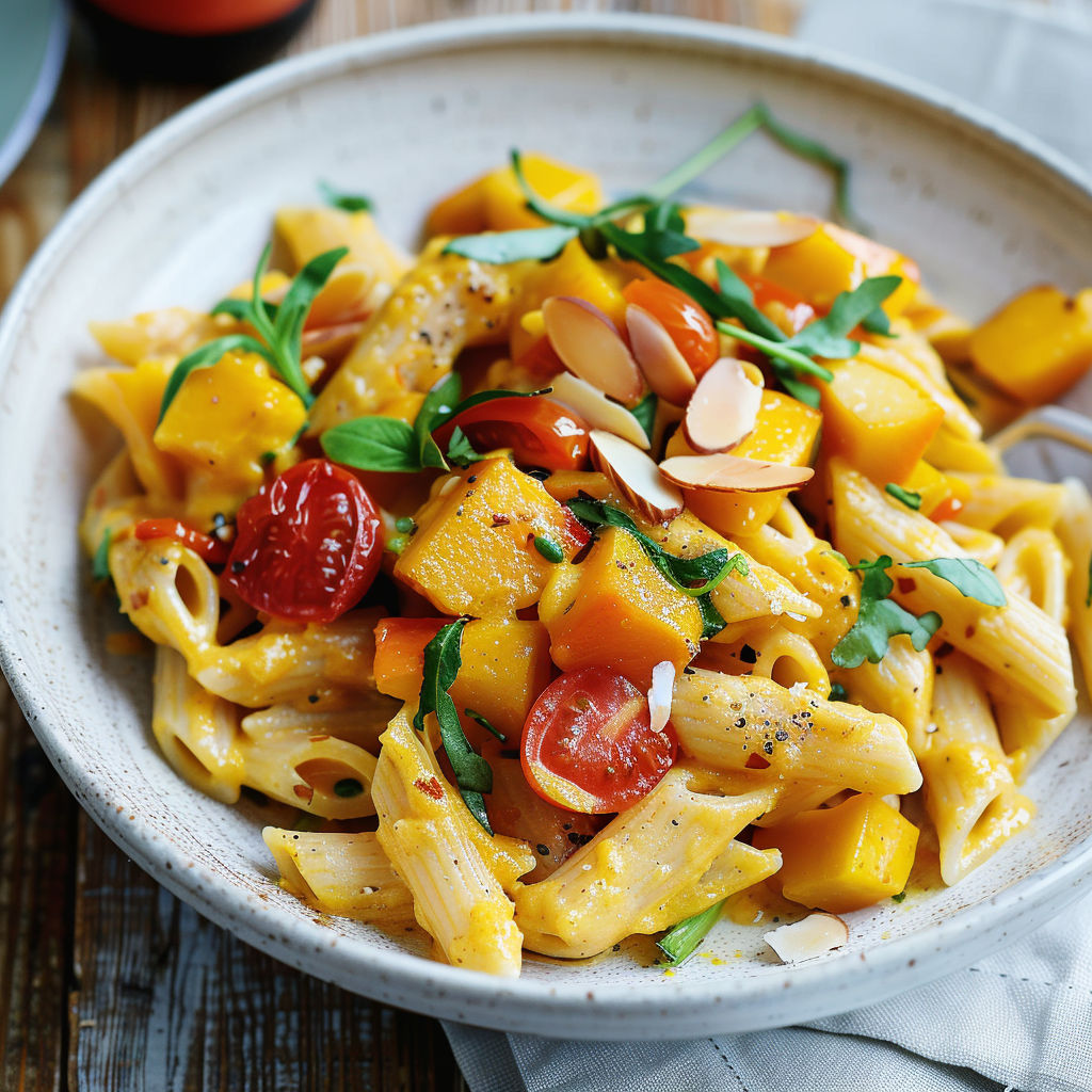 Un plat de pennes complètes avec courge, cheddar et une salade fraîche.