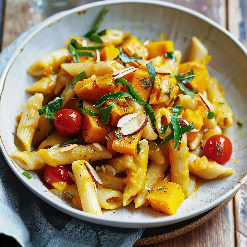Assiette de penne crémeuse à la courge et cheddar affiné avec tomates cerises et épinards sur la table.