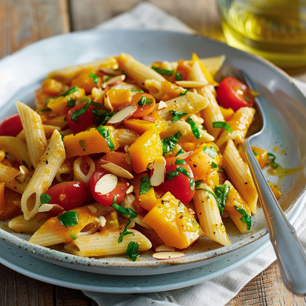Plat de penne rustique avec tomates et amandes servi avec une fourchette.