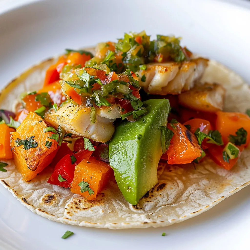 Une tortilla garnie de légumes et poisson dorés.