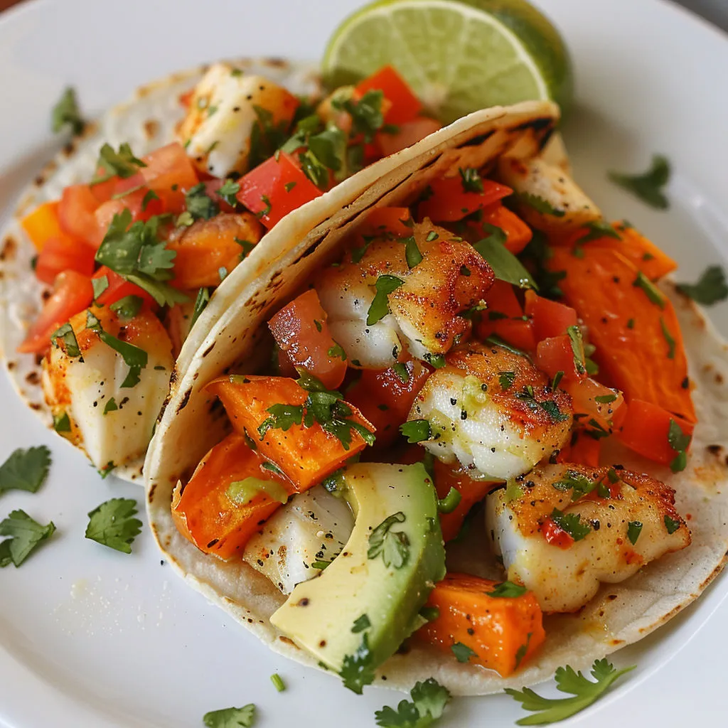 Assiette de tacos mexicains avec légumes et poisson.