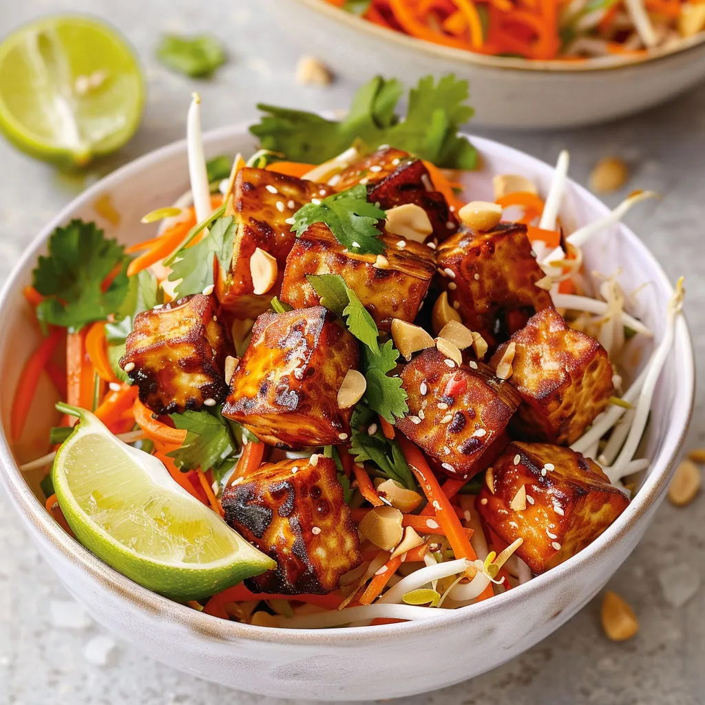 Une assiette colorée avec tempeh doré et salade croquante aux carottes et lait de coco.