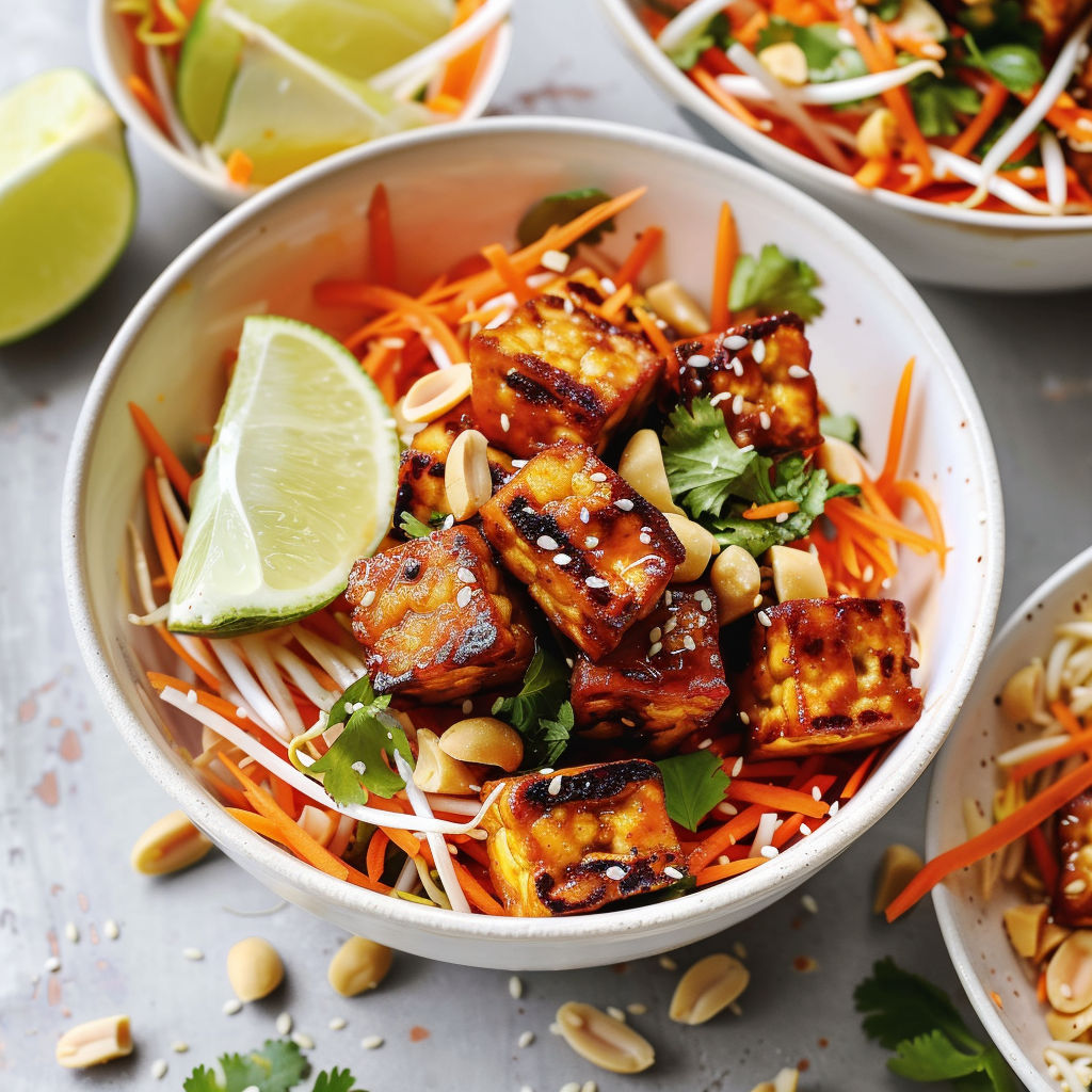 Salade croquante aux carottes, cajou et tempeh doré avec herbes fraîches.
