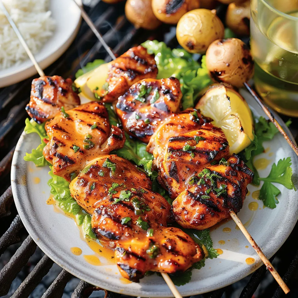 Brochettes de poulet grillées avec légumes et herbes fraîches sur le plat.