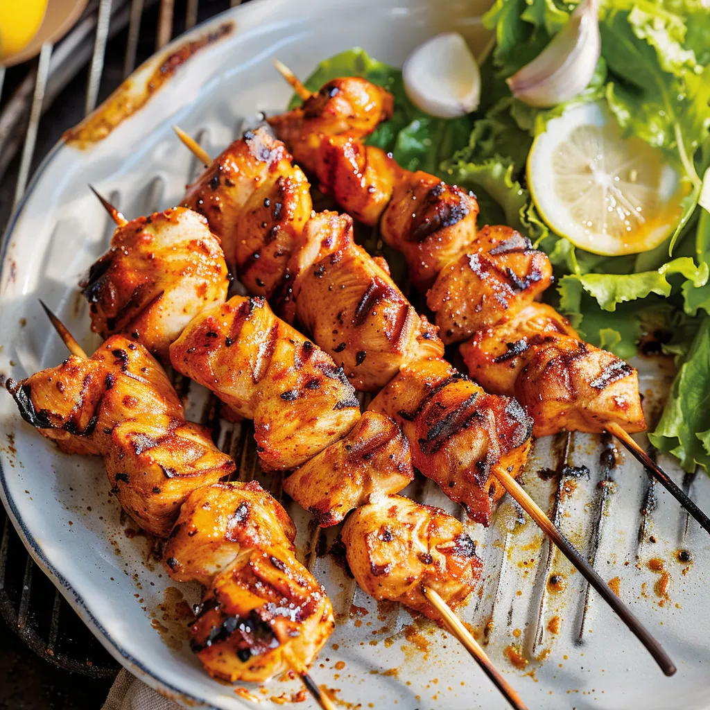 Brochettes de poulet bien grillées avec légumes colorés et citrons sur le plat.