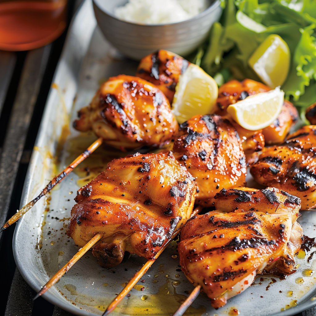 Brochettes de poulet grillé avec citron et herbes, servies avec une salade.