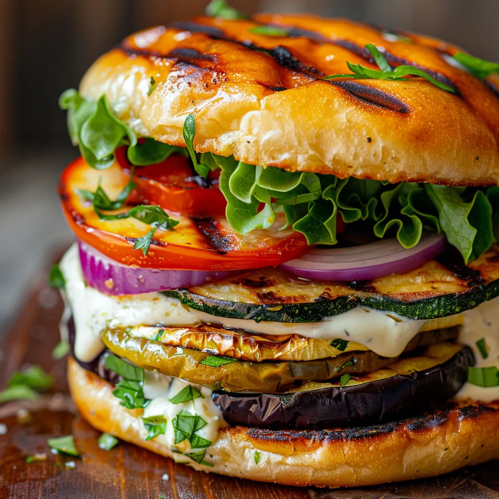 Un délicieux burger végétarien avec fromage grillé et légumes dorés.