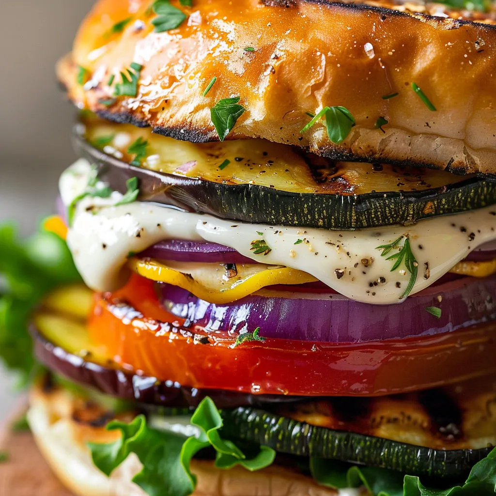 Un sandwich plein de légumes grillés, de fromage et d’herbes fraîches.