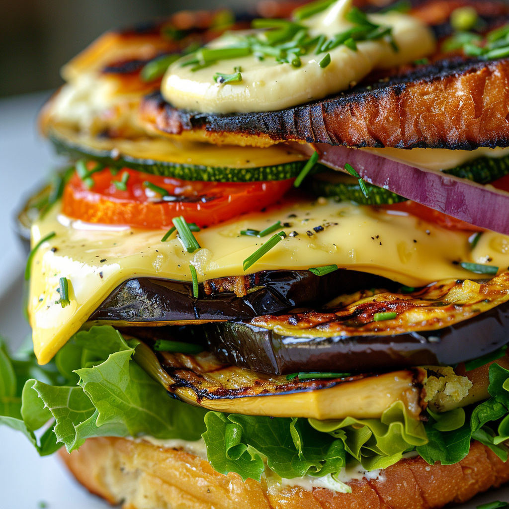 Un sandwich tomate-courgette avec des herbes fraîches sur le dessus.