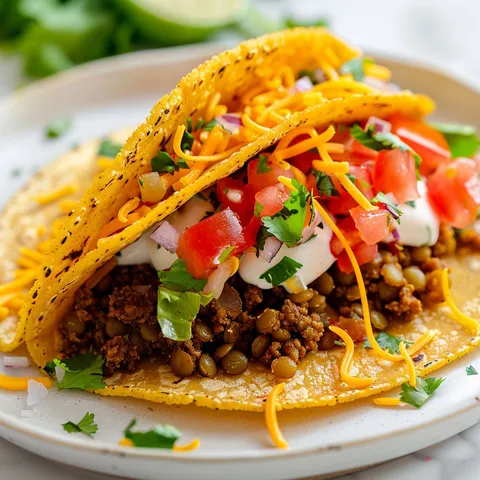 Un taco préparé avec des lentilles savoureuses, de la viande hachée et des légumes colorés.