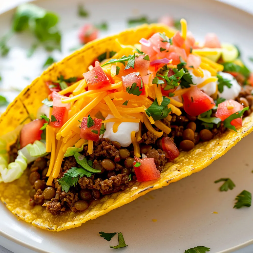 Un taco juteux bœuf lentilles avec topping tomates et coriandre sur plateau.