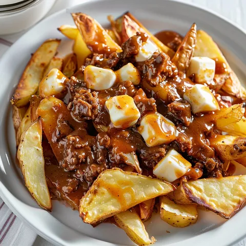 Assiette alléchante de poutine barbecue avec bœuf, frites croustillantes et sauce.