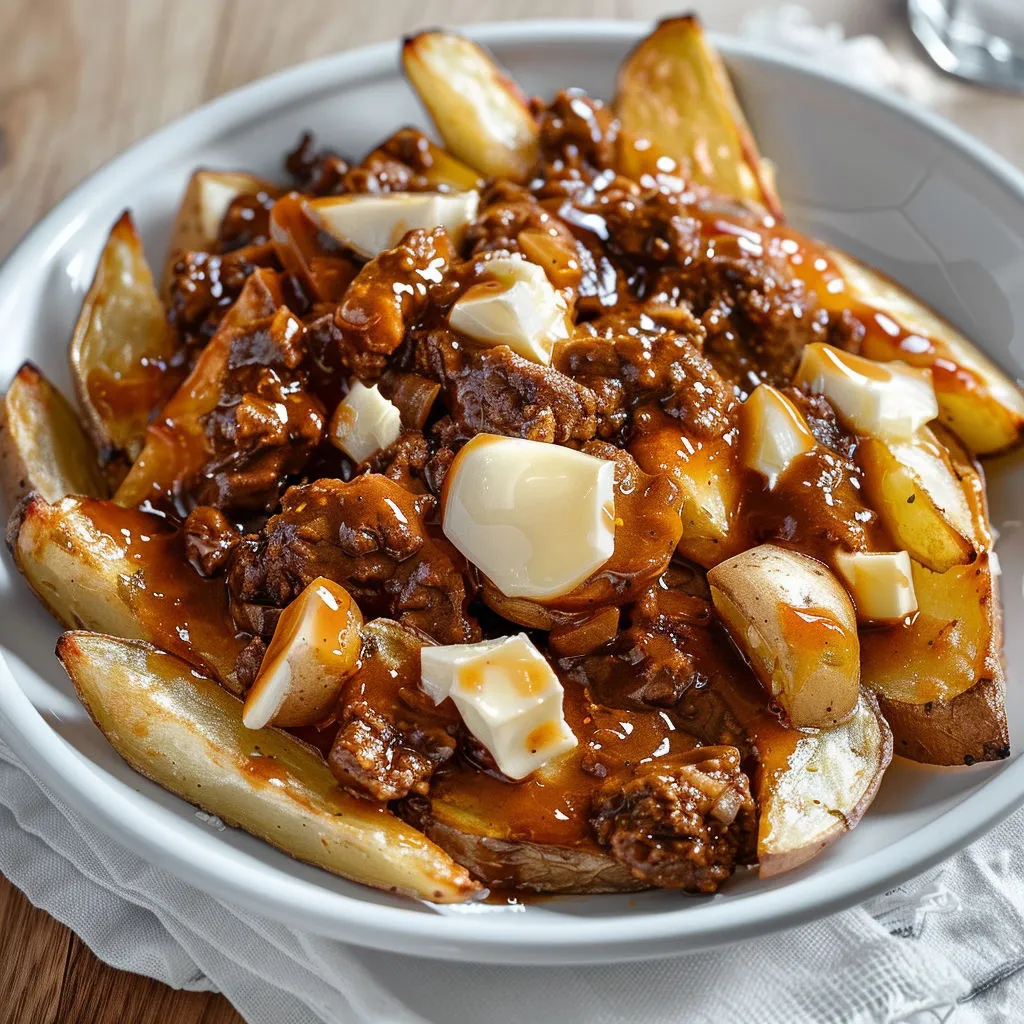 Une belle assiette garnie de frites, sauce bœuf barbecue et fromage qui fond.