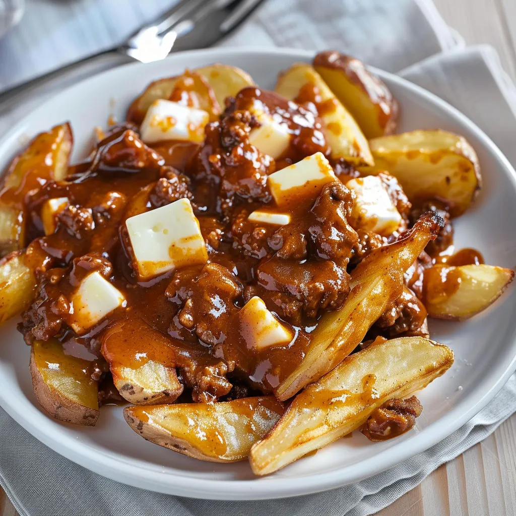 Une belle portion de poutine savoureuse, bœuf barbecue et fromage qui file.