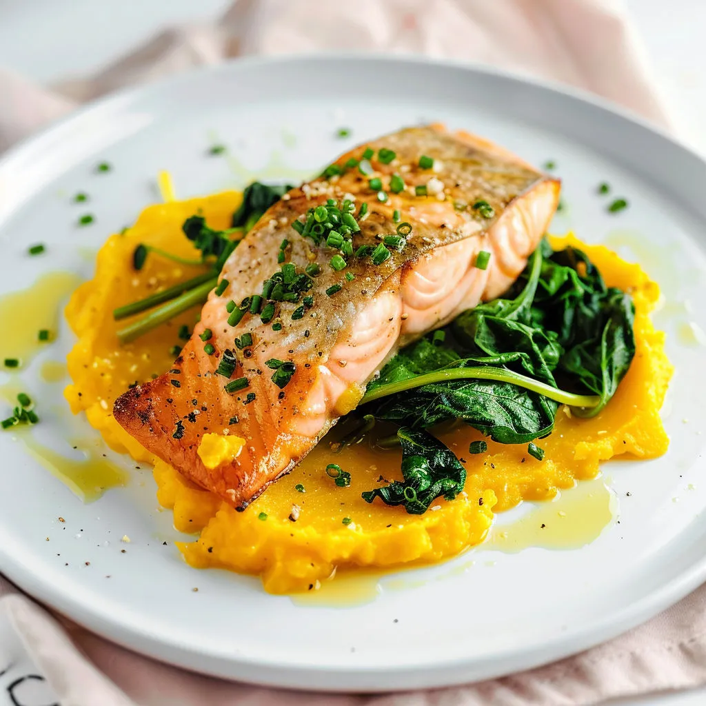 Truite grillée servie avec purée et épinards frais.