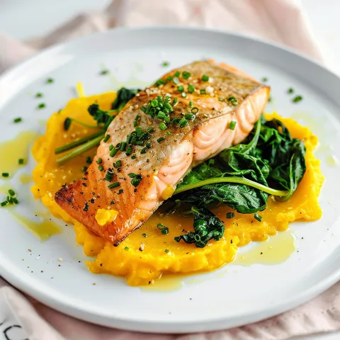 Truite grillée servie avec purée et épinards frais.
