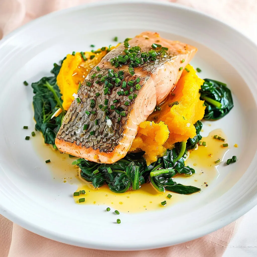 Truite poêlée, épinards et purée de courge bien présentés en assiette.