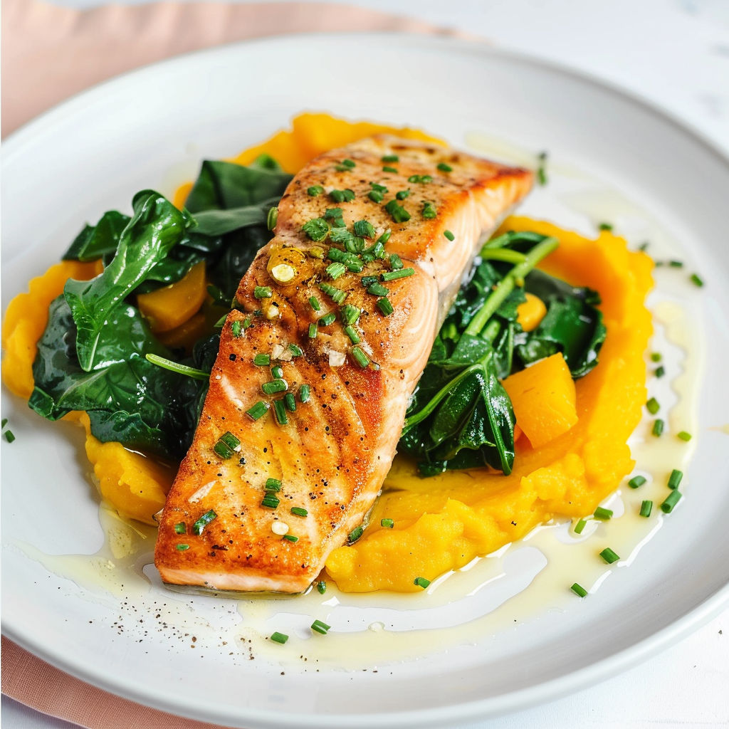 Filet de truite doré, purée de courge butternut toute douce et ciboulette fraîche.