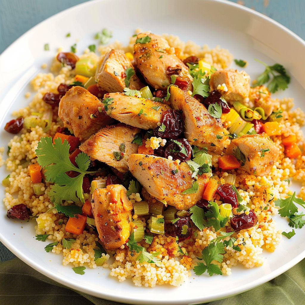 Un plat de couscous rapide au poulet accompagné de légumes et d'herbes sur une table.