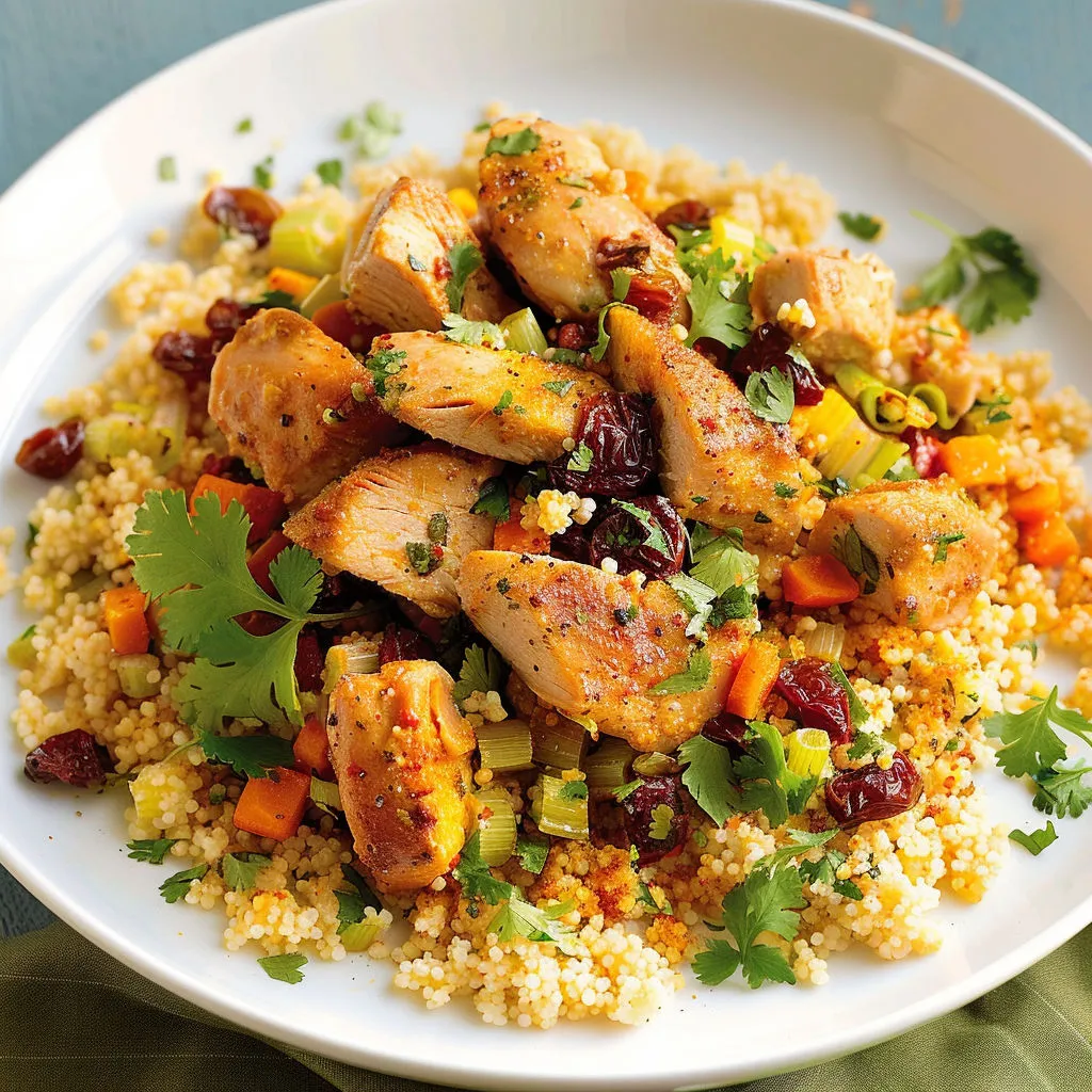 Un plat de couscous rapide au poulet accompagné de légumes et d'herbes sur une table.