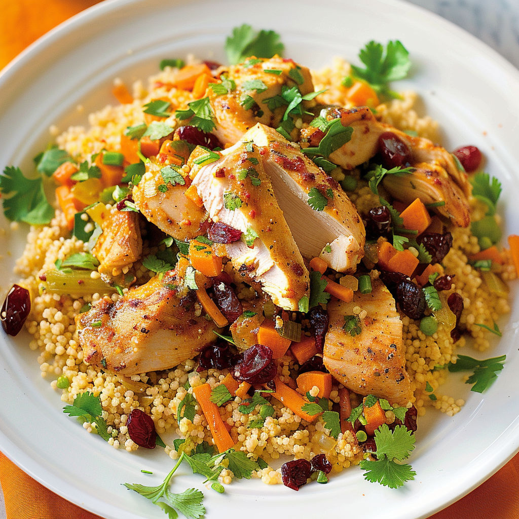 Une assiette de poulet, des légumes avec carottes, cumin et herbes de Provence, sur un joli plat en porcelaine.