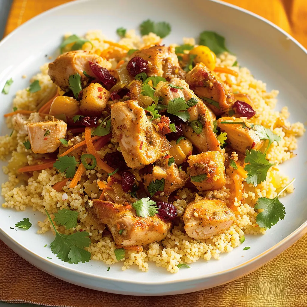 Un plat de poulet et riz avec légumes et épices.