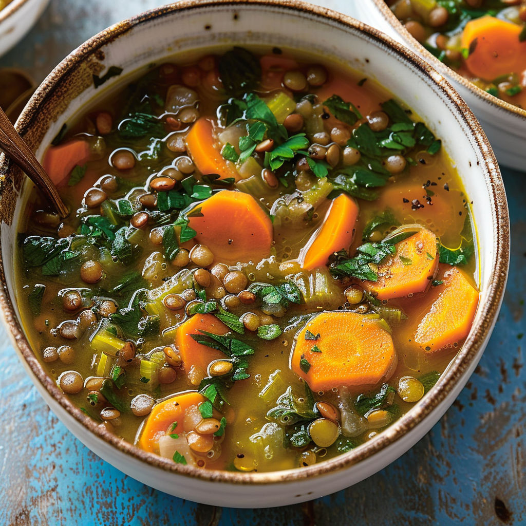 Un bol rempli de soupe chaude aux lentilles et fanes de carottes, prêt à être dégusté.
