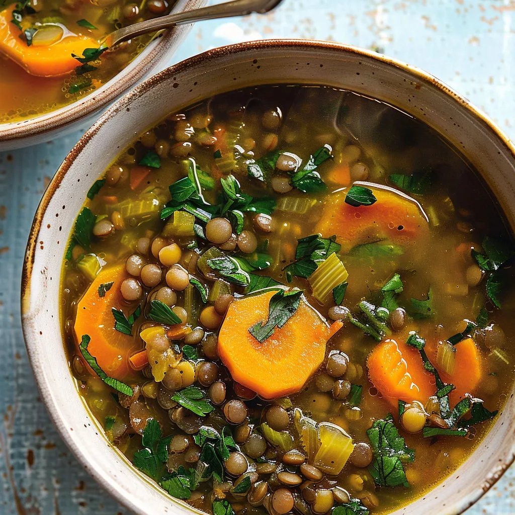 Un bol rustique de soupe aux lentilles et fanes, ambiance jardin d’antan.