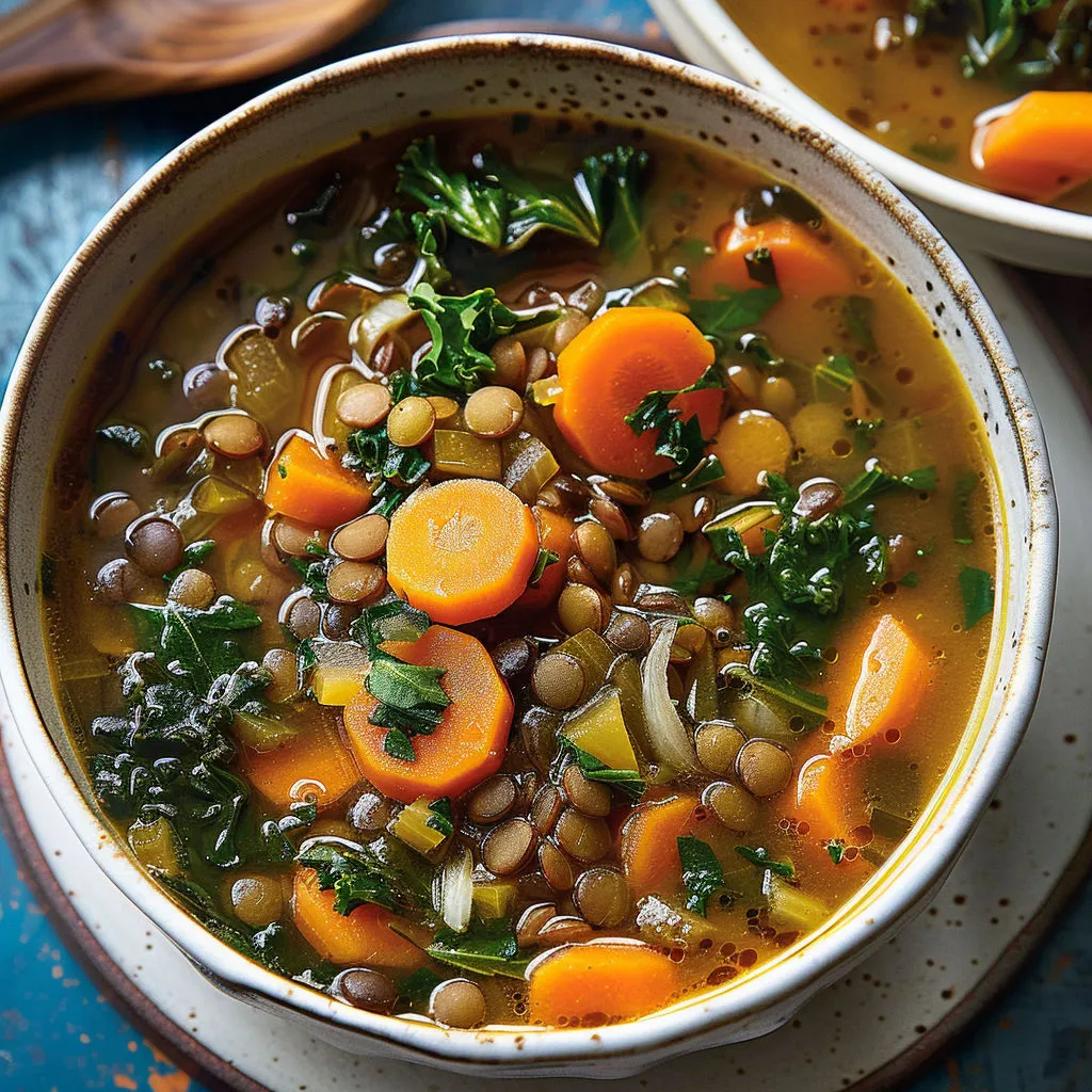Un bol de soupe antigaspi, lentilles, carottes et cimes pleines de saveur.