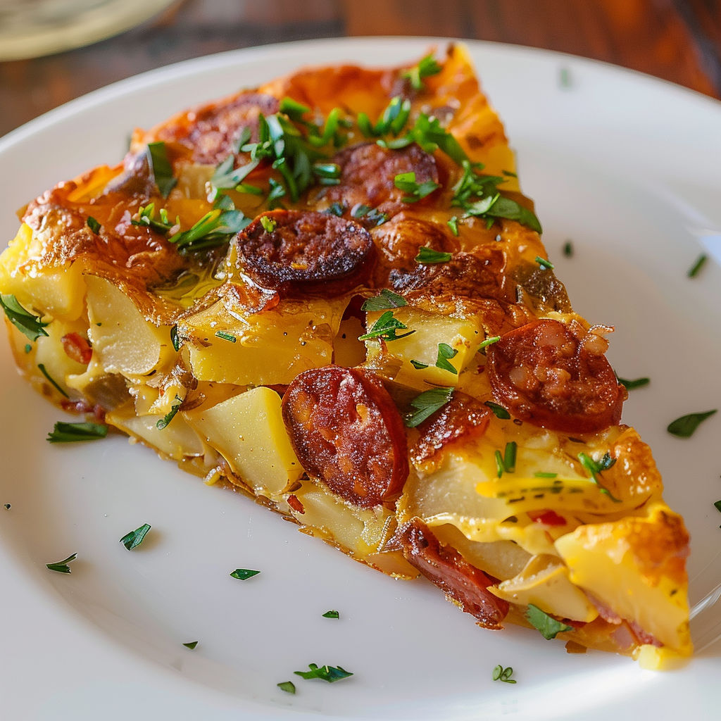 Un plateau met en valeur une tortilla chorizo et pommes de terre.