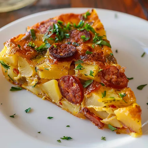 Un plateau met en valeur une tortilla chorizo et pommes de terre.