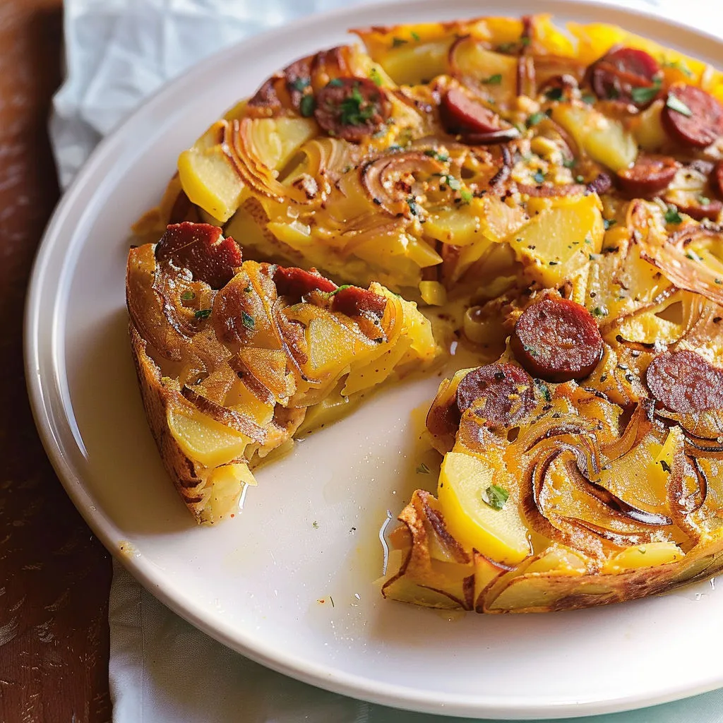 Une bonne part de tortilla au chorizo, servie sur une assiette.