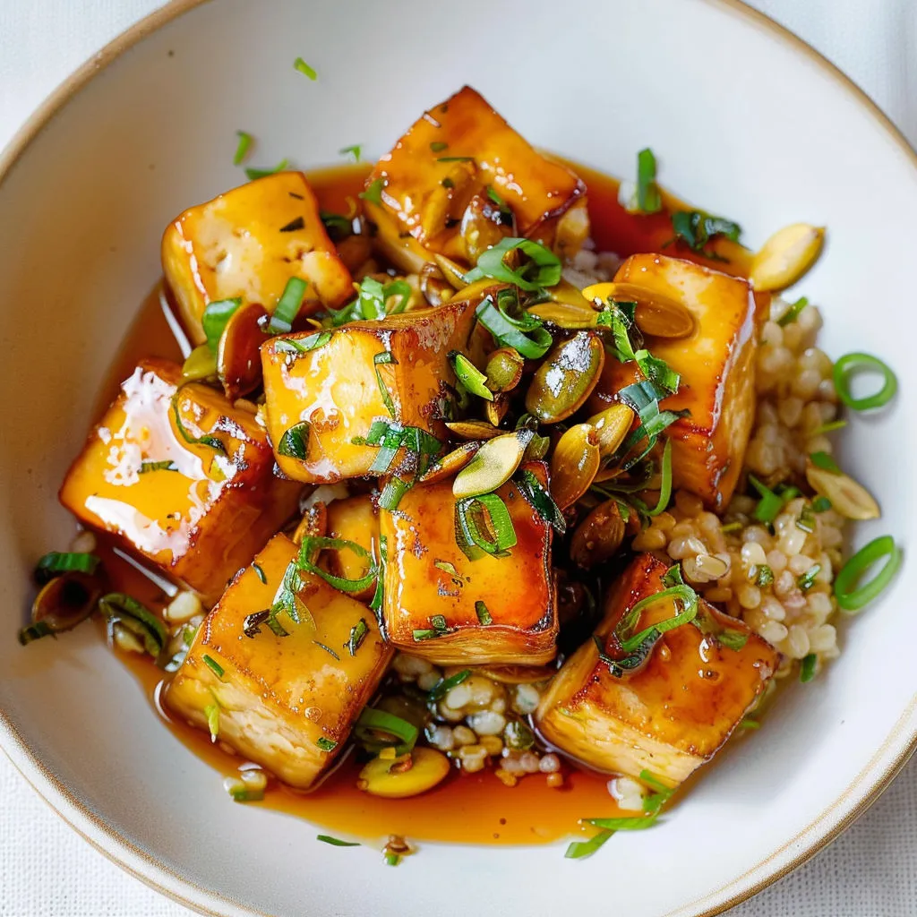 Un plat appétissant de tofu doré accompagné de graines de citrouille croquantes et herbes fraîches.