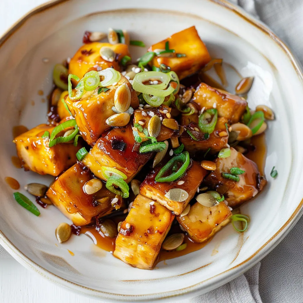 Une assiette de tofu doré, oignons frais, et éclats de noix.