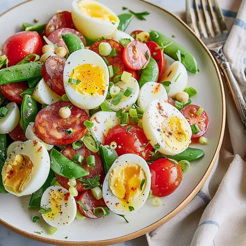 Un plat coloré de légumes frais, pommes de terre et œufs.