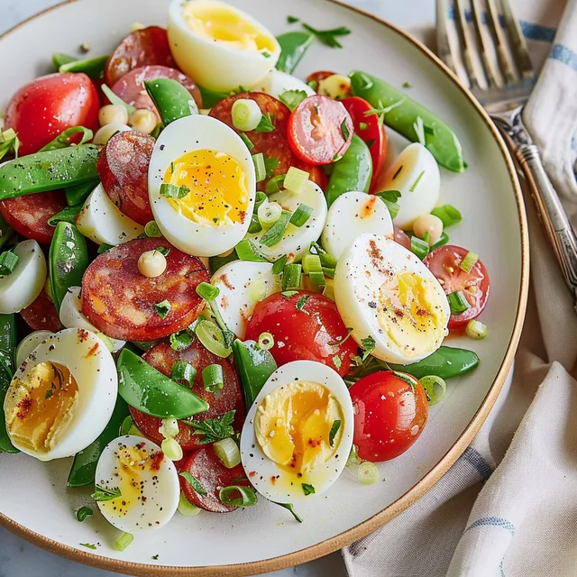 Un plat coloré de légumes frais, pommes de terre et œufs.