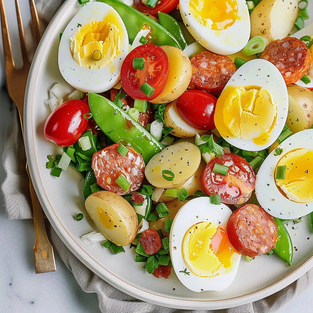 Salade printanière avec œufs durs, pois mange-tout croquants et pommes de terre grenaille.