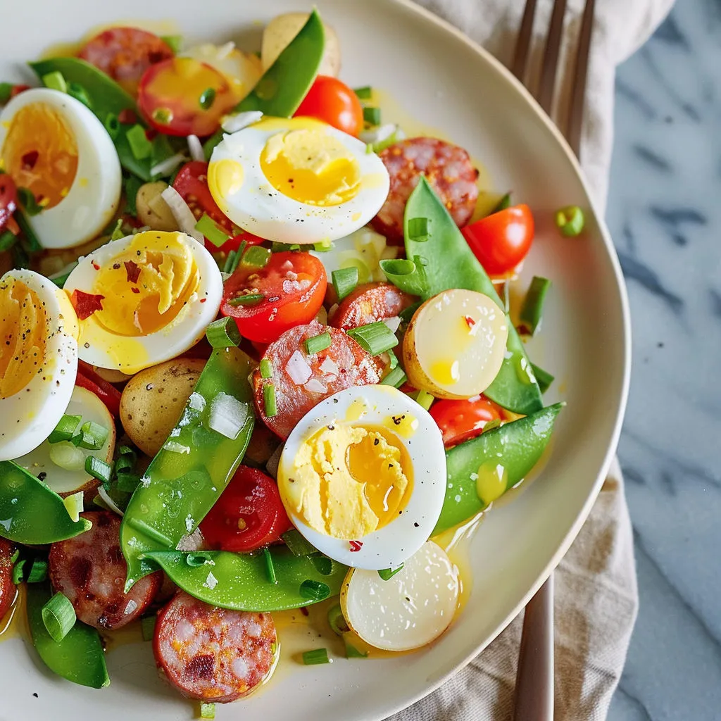 Salade colorée avec œufs, chorizo, pois mange-tout et pommes de terre fondantes.