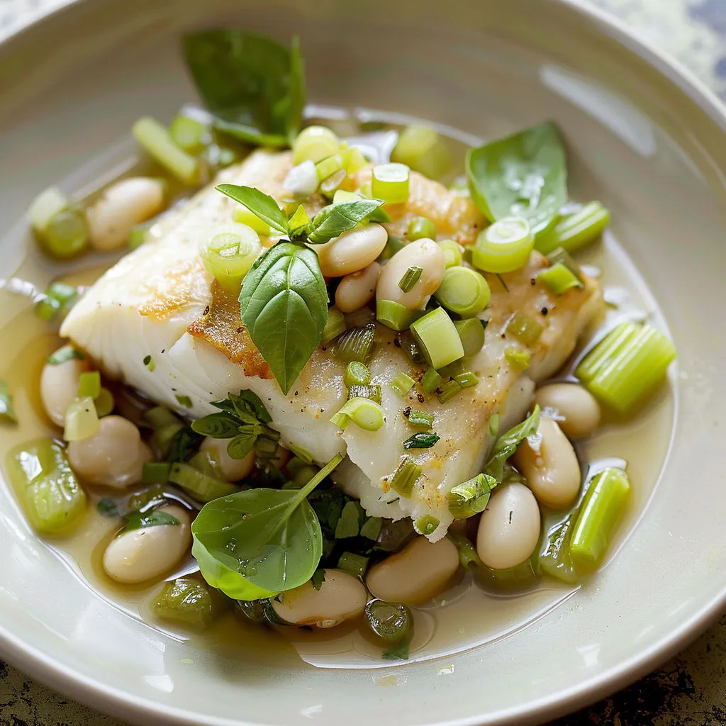 Belle assiette de poisson blanc mijoté, haricots blancs et céleri fondant.