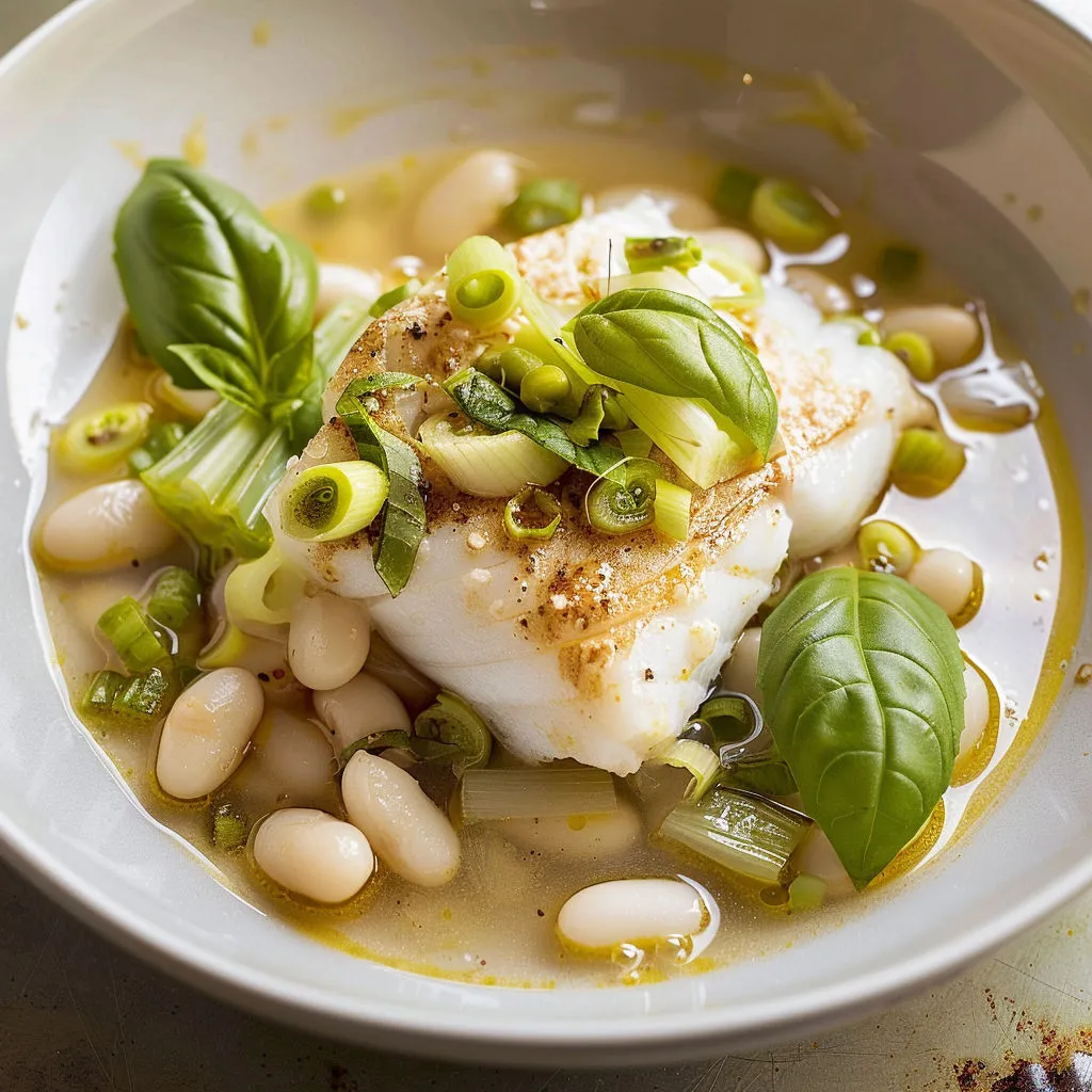 Filets de poisson blanc tendres, haricots blancs au citron et céleri doux.