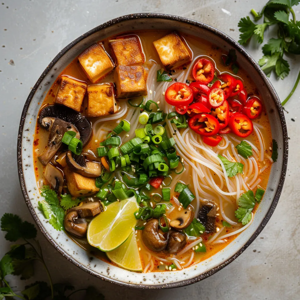 Un généreux bol de bouillon miso rempli de champignons variés, tofu moelleux et un trait de lime.