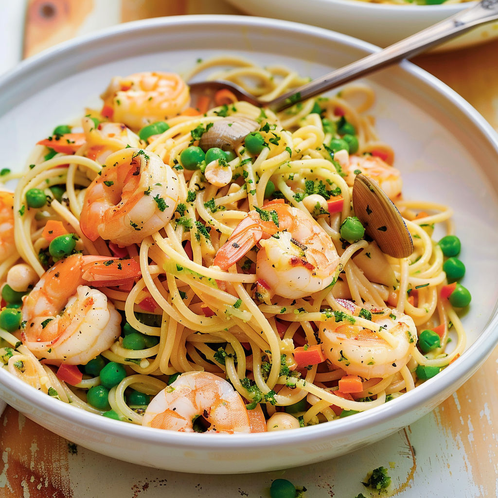 Une assiette gourmande de pâtes aux crevettes et petits légumes croquants.