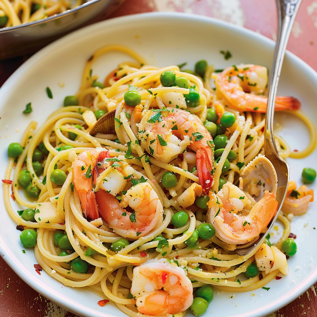 Spaghetti aux crevettes et petits pois dans une assiette.