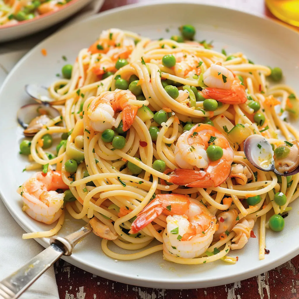 Spaghetti aux crevettes et petits pois avec salade verte en accompagnement.