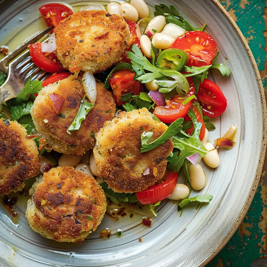 Un plat mélangeant haricots blancs, croquettes croustillantes de sardines et tomates fondantes, posé sur un plateau.