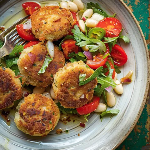 Un plat mélangeant haricots blancs, croquettes croustillantes de sardines et tomates fondantes, posé sur un plateau.