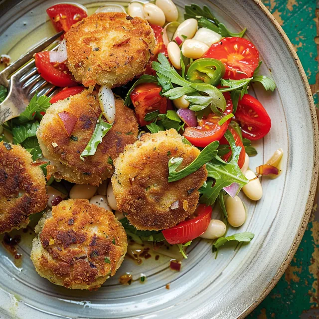 Un plat mélangeant haricots blancs, croquettes croustillantes de sardines et tomates fondantes, posé sur un plateau.