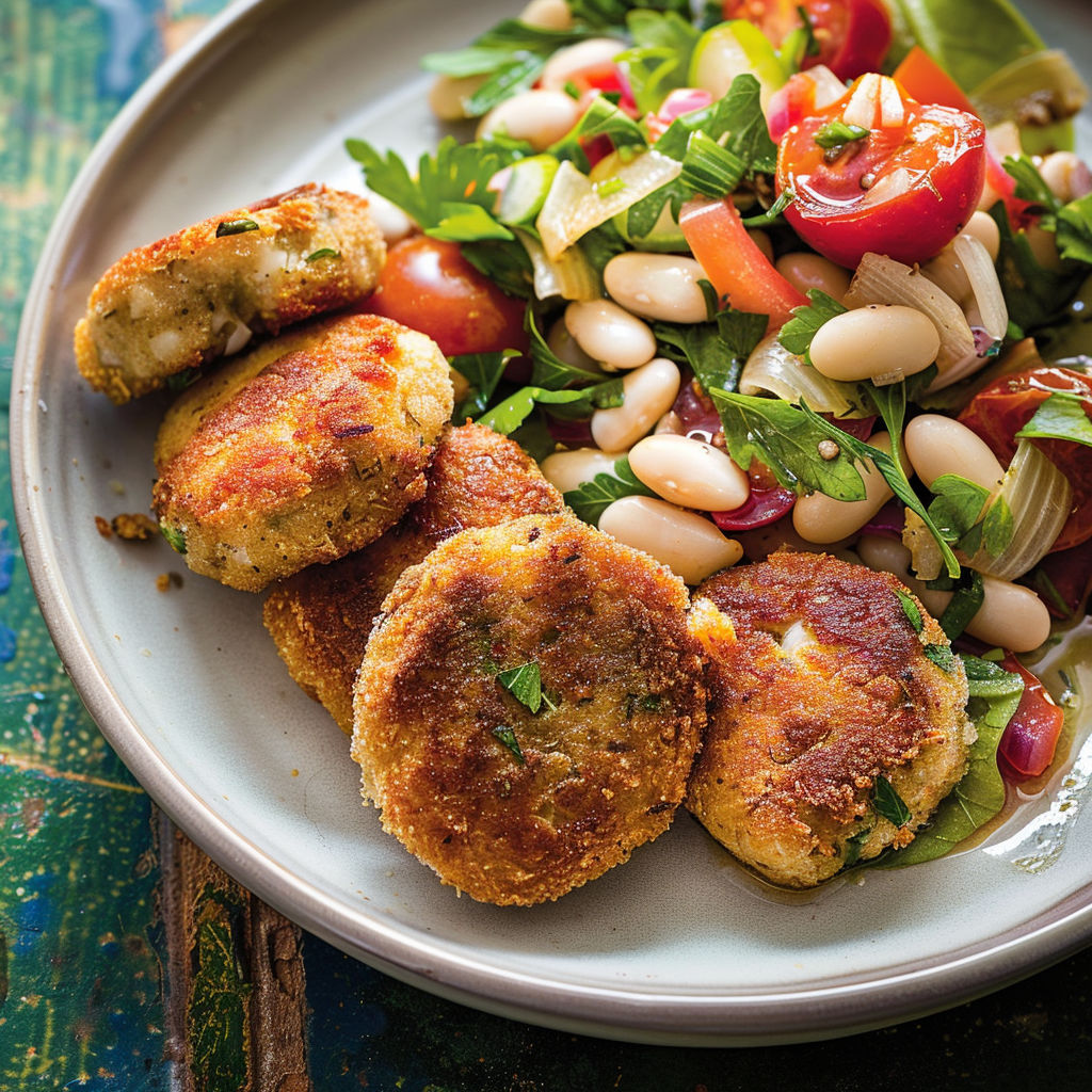 Une salade tiède avec haricots blancs et galettes de sardines dorées, accompagnée de tomates confites fondantes.