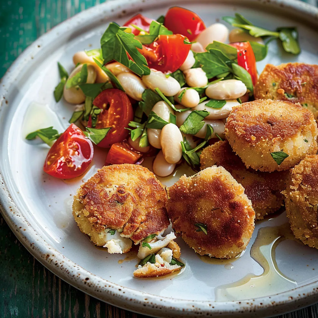 Une assiette pleine de croquettes de sardines bien dorées et salade rustique avec haricots et tomates confites.